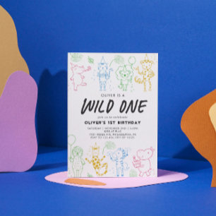 Whimsical Doodle Party Dieren 1e verjaardag Kaart