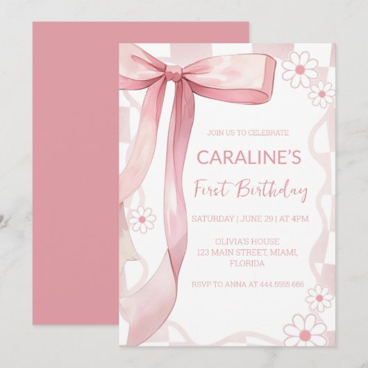 Whimsical Doodle Pink Bow eerste verjaardag Kaart (Voorkant / Achterkant)