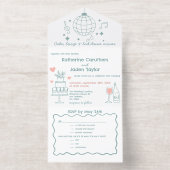 Whimsical doodle styled blue wedding all in one uitnodiging (Binnenkant)