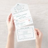 Whimsical doodle styled blue wedding all in one uitnodiging (Uittrekbaar)