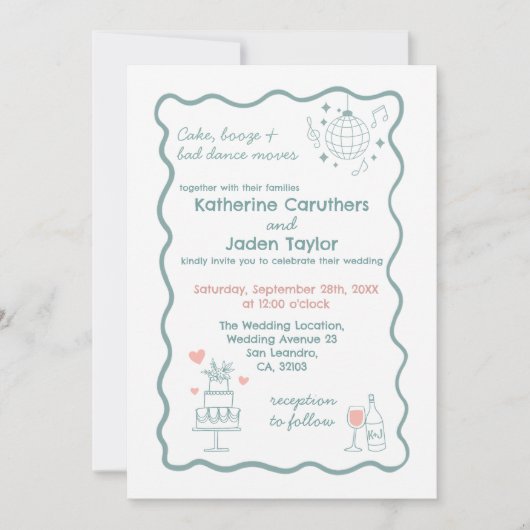 Whimsical doodle styled blue wedding Invitation (Devant)