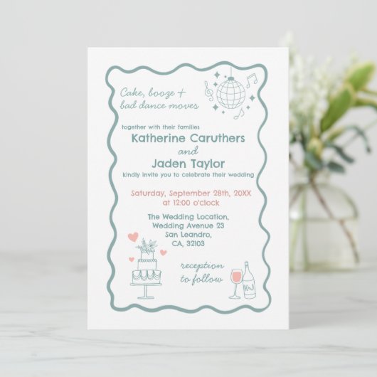 Whimsical doodle styled blue wedding Invitation (Debout devant)