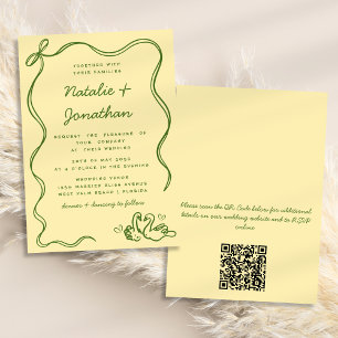 Whimsical Doodle Zwanen Boog Geel QR Code Huwelijk Kaart