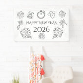 Whimsical Doodles Black Text Happy New Year 2026 Spandoek (Insitu)