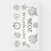 Whimsical Doodles Black Text Happy New Year 2026 Spandoek (Verticaal)
