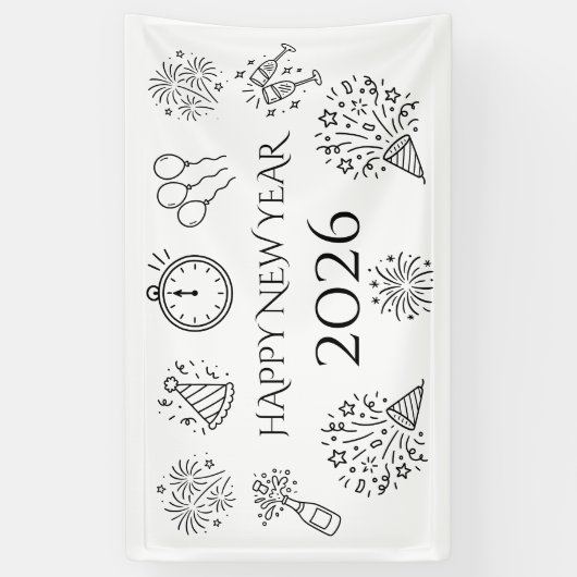 Whimsical Doodles Black Text Happy New Year 2026 Spandoek (Verticaal)