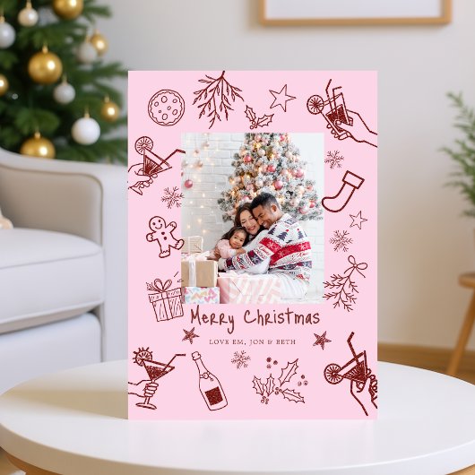 Whimsical Doodles Foto Rood Roze Kerst Kaart