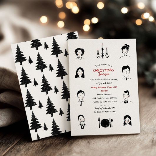 Whimsical Doodles Portraits Christmas Dinner Kaart