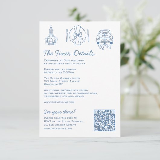 Whimsical Doodles Wedding Details RSVP QR Code Informatiekaartje (Staand voorkant)