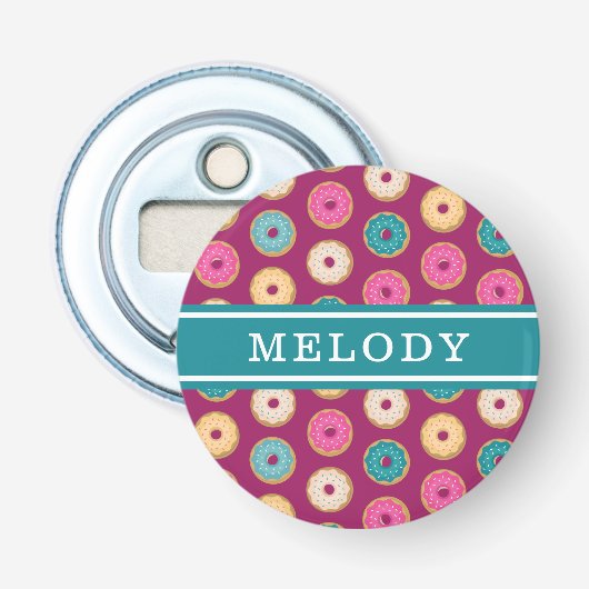 Whimsical Doughnut Pattern op Paars Button Flesopener (Voorkant)