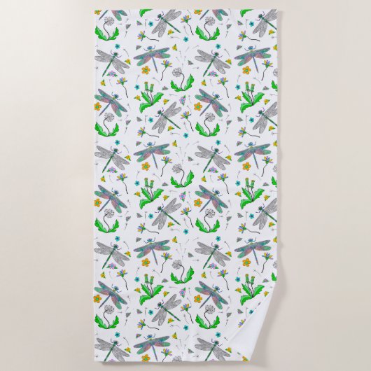 Whimsical Dragonflies en Dandelions Hand Drawn Strandlaken (Voorkant)