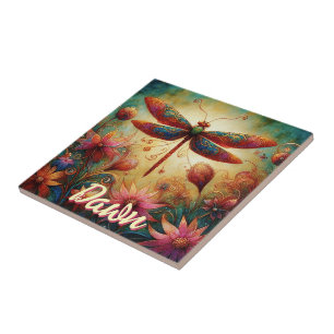 Whimsical Dragonfly Floral Abstract gepersonalisee Tegeltje