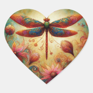 Whimsical Dragonfly Floral Abstracte Kunst Blauwgr Hart Sticker