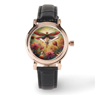 Whimsical Dragonfly Floral Abstracte Kunst Blauwgr Horloge