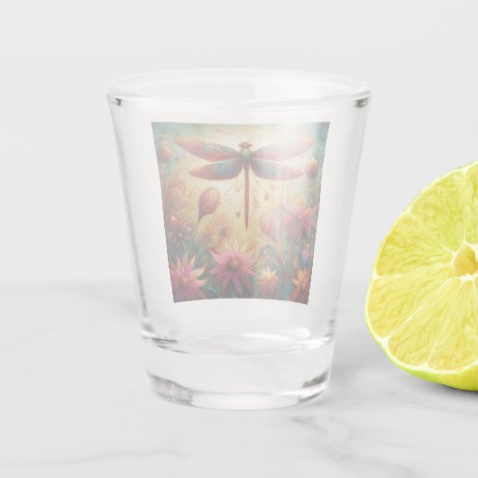 Whimsical Dragonfly Floral Abstracte Kunst Blauwgr Shot Glas (Achterkant)