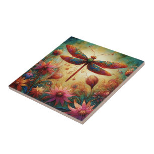 Whimsical Dragonfly Floral Abstracte Kunst Blauwgr Tegeltje