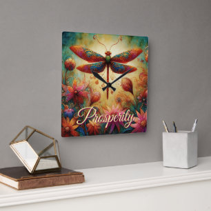 Whimsical Dragonfly Floral Abstracte kunst Welvaar Vierkante Klok
