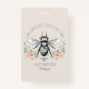 Whimsical Drawn Honey Bee Apiary Floral Badge