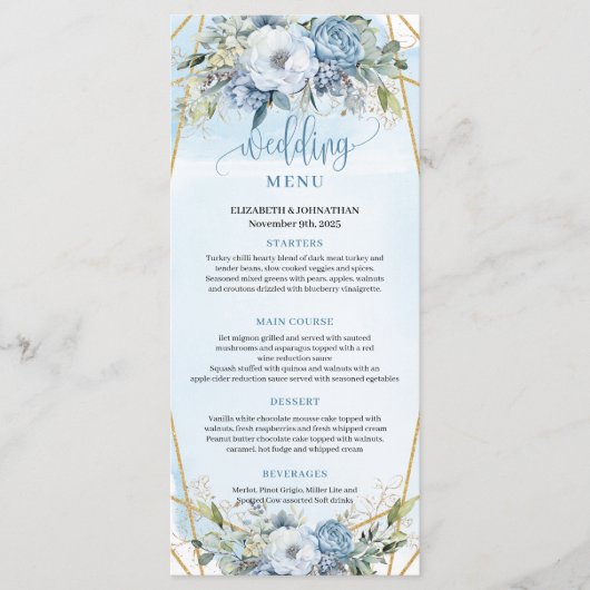 Whimsical Dusty Blue Eucalyptus Floral Wedding Menu (Voorkant)