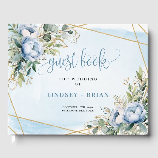 Whimsical Dusty Blue White Gold Peonies Guest Book Gastenboek (Voorkant)