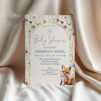 Whimsical Dusty Blue Woodland Fox Baby shower Kaart