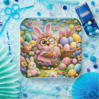 Whimsical Easter bunny and colourful eggs Papieren Bordje