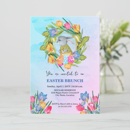Whimsical Easter Bunny Eggs Tulips Invitation (Debout devant)