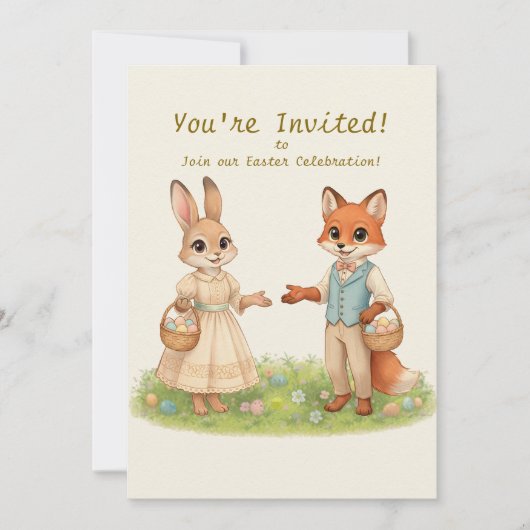 Whimsical Easter Bunny & Fox Party Invitation (Devant)