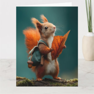 Whimsical Eekhoorn met een rugzak en herfstblad Kaart