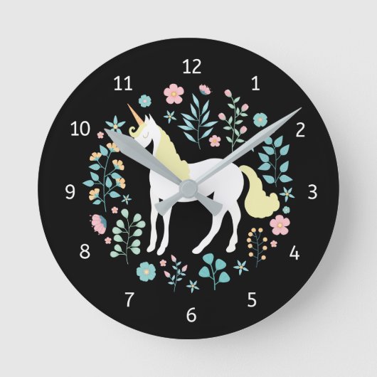 Whimsical Eenhoorn & Bloemen Zwart Ronde Klok (Voorkant)