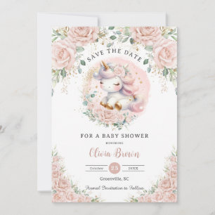 Whimsical Eenhoorn Blush Roze Bloemen Baby shower Save The Date