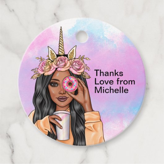 Whimsical eenhoorn donut meisje verjaardag bedankjes labels (Voorkant)