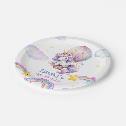 Whimsical Eenhoorn Hete Luchtballon Verjaardagspap Papieren Bordje (Gekanteld)