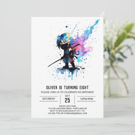 Whimsical Eenvoudige Ninja Jongen Digitale Verjaar Kaart (Staand voorkant)