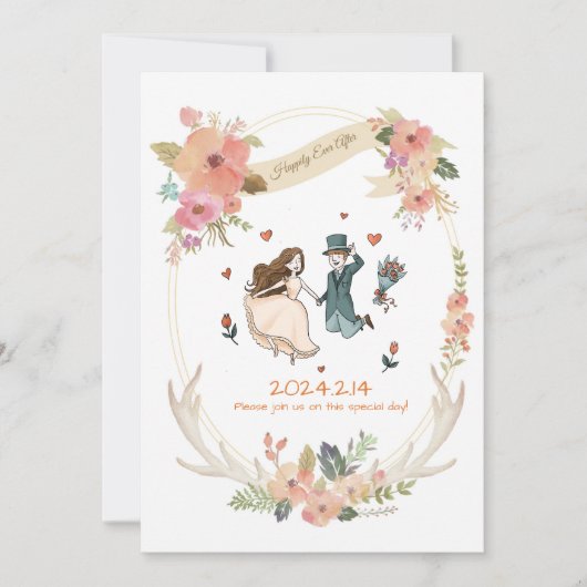 Whimsical, eigenzinnig, Hand getrokken bruiloft ui Kaart (Voorkant)