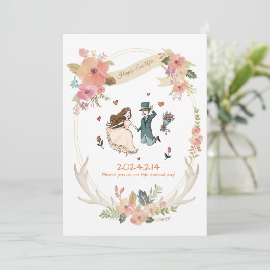 Whimsical, eigenzinnig, Hand getrokken bruiloft ui Kaart (Staand voorkant)