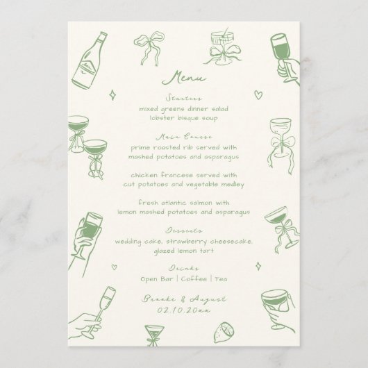 Whimsical Eigenzinnige Hand Getrokken Groene Huwel Menu (Voorkant)