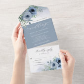 Whimsical Elegant Script Floral Dusty Blue Wedding All In One Uitnodiging (Afscheurbaar)