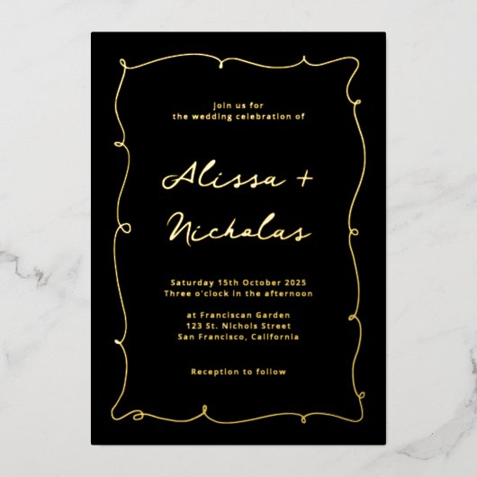 Whimsical  Elegant Zwart en Gouden Bruiloft Folie Uitnodiging (Voorkant)
