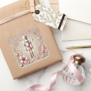 Whimsical Elegante Roze en Gouden Pastel Notenkrak Vierkante Sticker