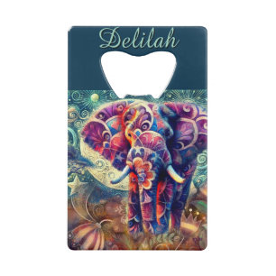 Whimsical Elephant at Night Blue Paarse Sterren Ma Kredietkaart Flessenopener