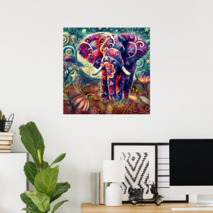 Whimsical Elephant at Night Blue Paarse Sterren Ma Poster