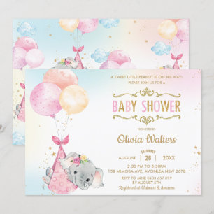 Whimsical Elephant Balloons Baby shower Girl Kaart