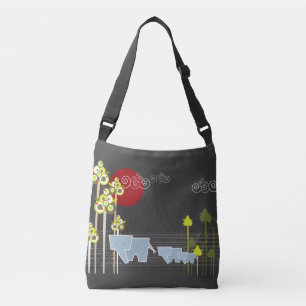 Whimsical Elephant Family in Forest & Red Sun Crossbody Tas