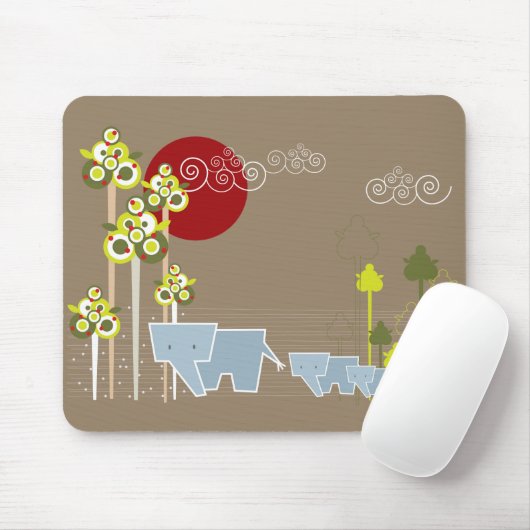 Whimsical Elephant Family in Forest & Red Sun Muismat (Met muis)