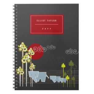 Whimsical Elephant Family in Forest & Red Sun Notitieboek