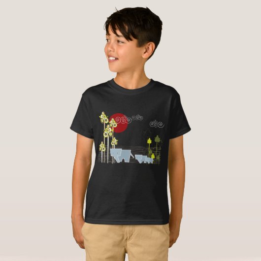 Whimsical Elephant Family in Forest & Red Sun T-shirt (Voorkant volledig)