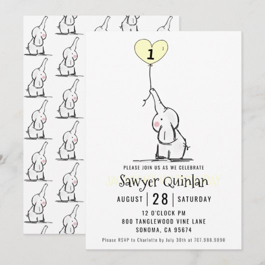 Whimsical Elephant First Birthday Invitation Kaart (Voorkant / Achterkant)