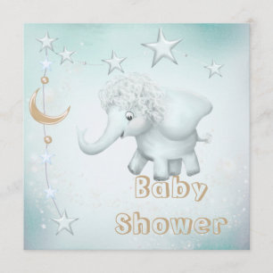 Whimsical Elephant, Moon & Stars Baby shower Kaart