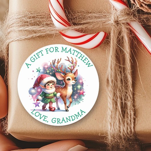 Whimsical Elf en Rendier Kerstmis van en naar Ronde Sticker